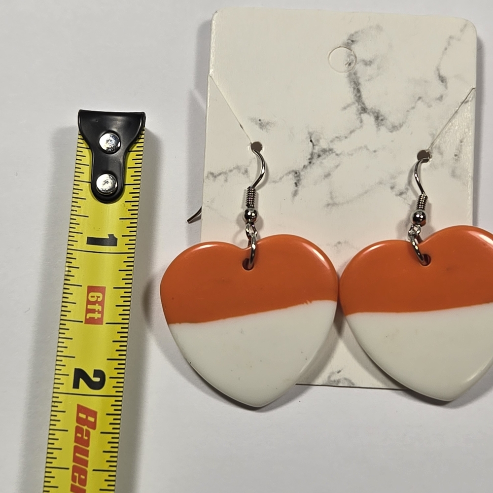 Vibrant Orange and White Dangle Heart Earrings - Picture 4 of 7
